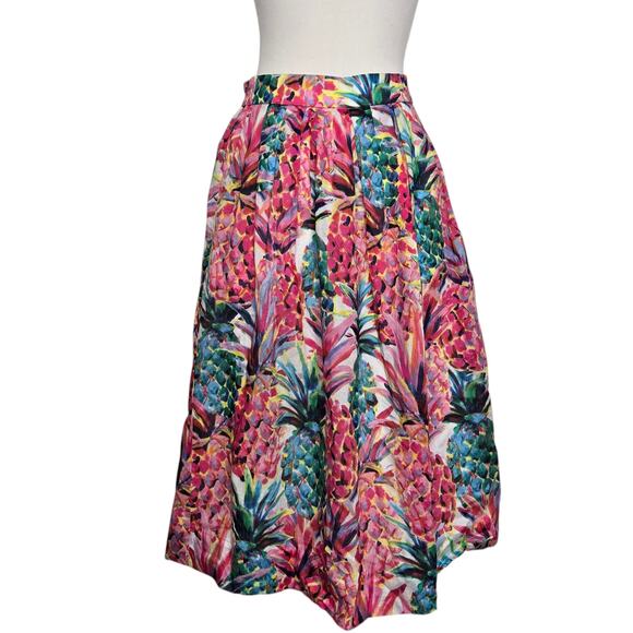 J. Crew Ratti Painted Midi Skirt Cotton Pineapple Colorful Elastic Waist Women 2 - Picture 2 of 12